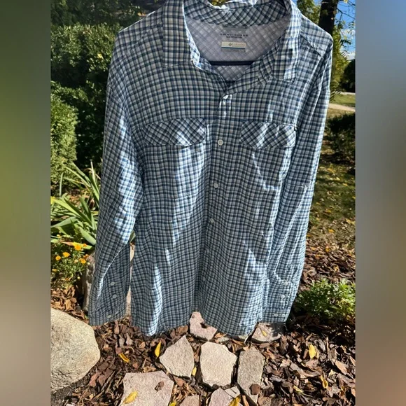 Columbia Omni shade sun protection Blue and White Plaid Men's Shirt XL - Picture 1 of 4